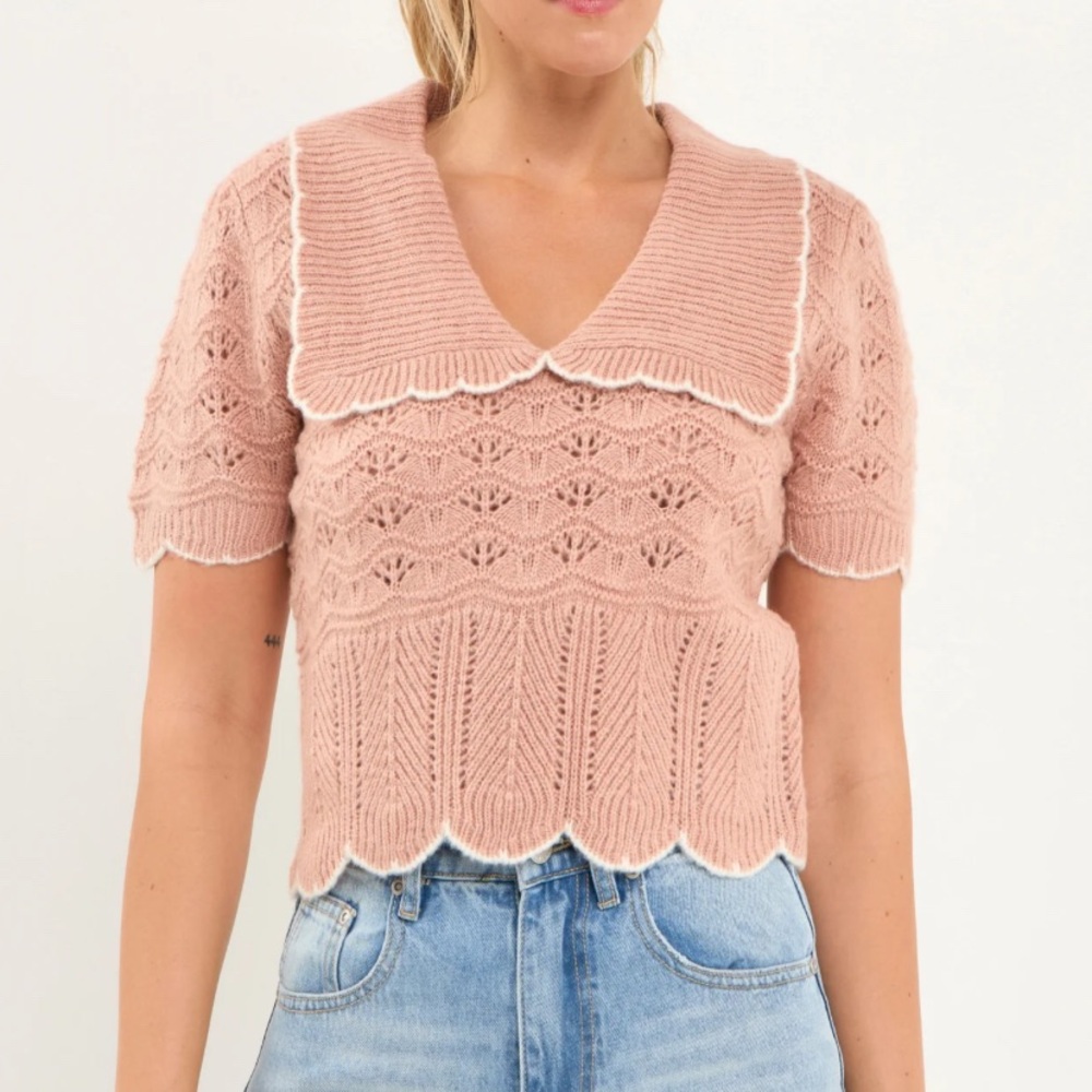 Endless rose pink pointelle scalloped collar sweater size small camel